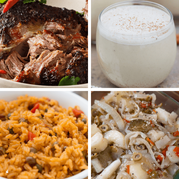 Collage of Puerto Rican food:  roasted pork, coconut pudding, arroz con gandules, yuca en escabeche