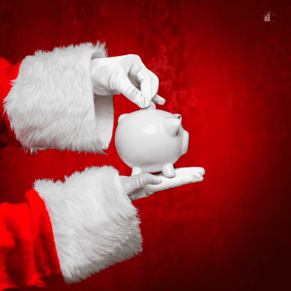 Santa saving money for Christams, red background.