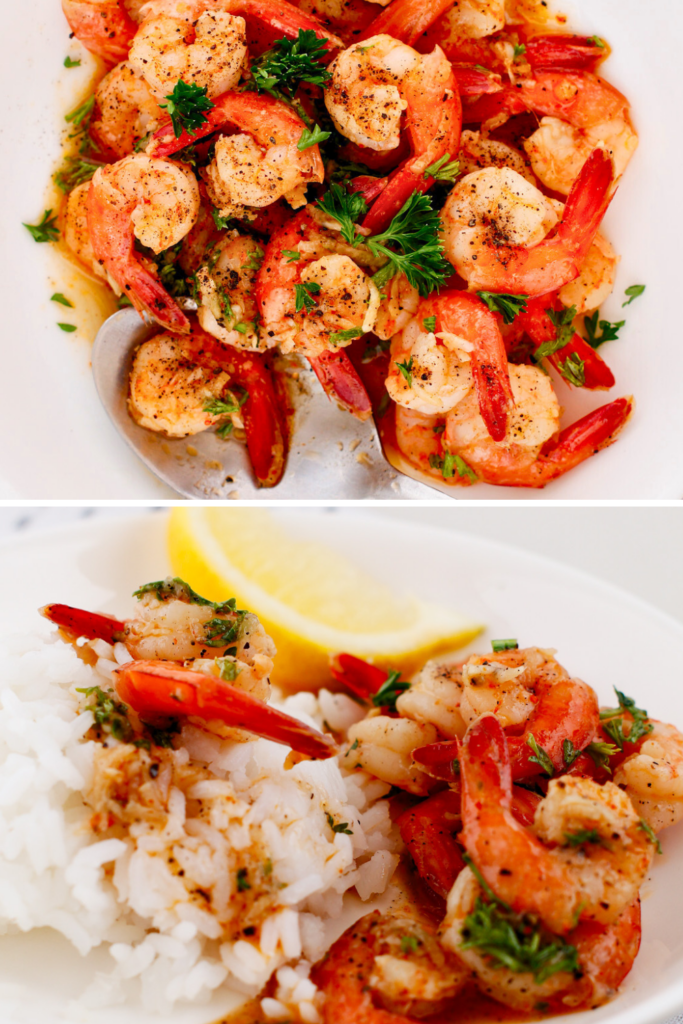 Puerto Rican garlic shrimp (camarones al ajillo) served over white rice with lemon wedge, sautéed shrimp in garlic butter white wine sauce with parsley and paprika, easy shrimp dinner and Latin seafood recipe.