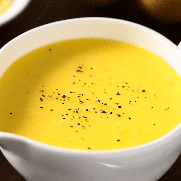 Hollandaise sauce served in as sauce with ground black pepper on top.