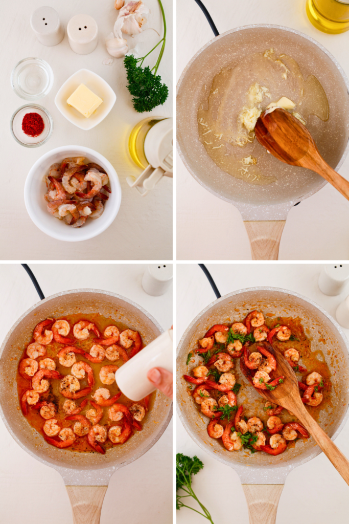 Step-by-step Puerto Rican garlic shrimp recipe (camarones al ajillo) showing peeled shrimp sautéed in garlic butter and olive oil, simmered in white wine sauce with paprika and parsley in a skillet, easy Latin seafood dinner tutorial.