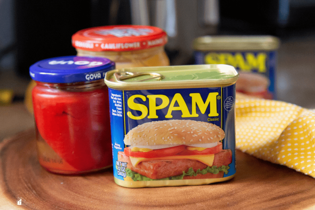image of spam, red peppers in jar, cheese jar