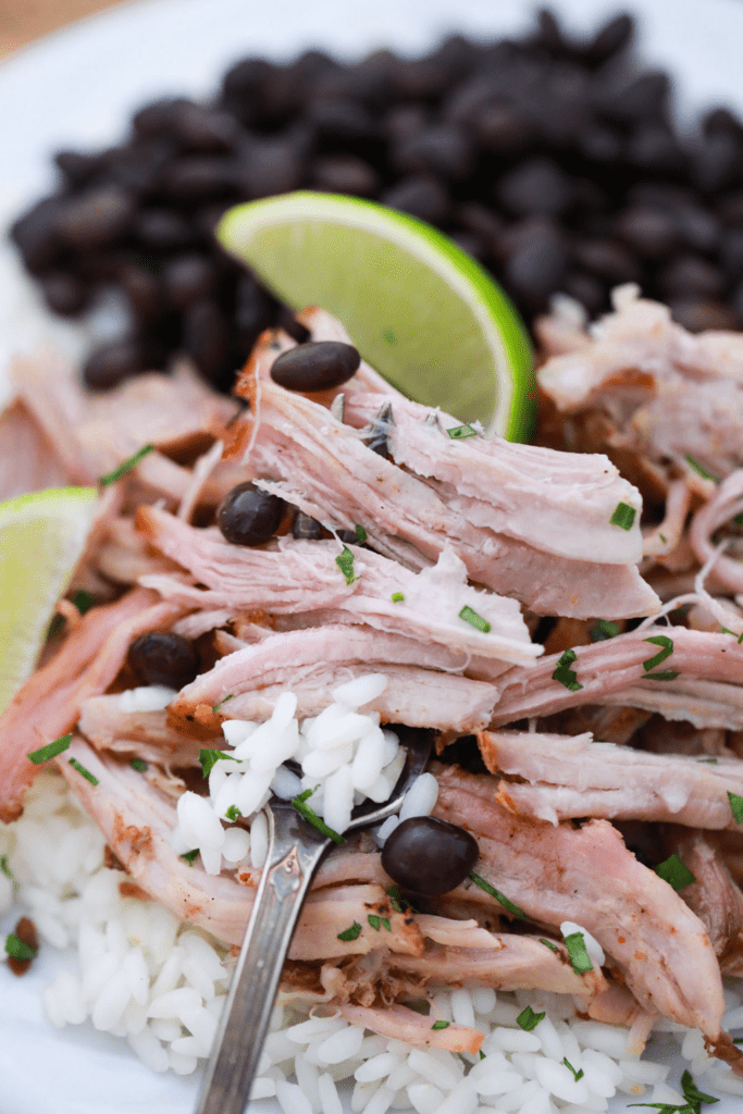Photo of a fork filled with pernil and white rice and black beans.