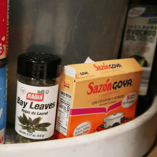 bay leaves and sazon box in pantry