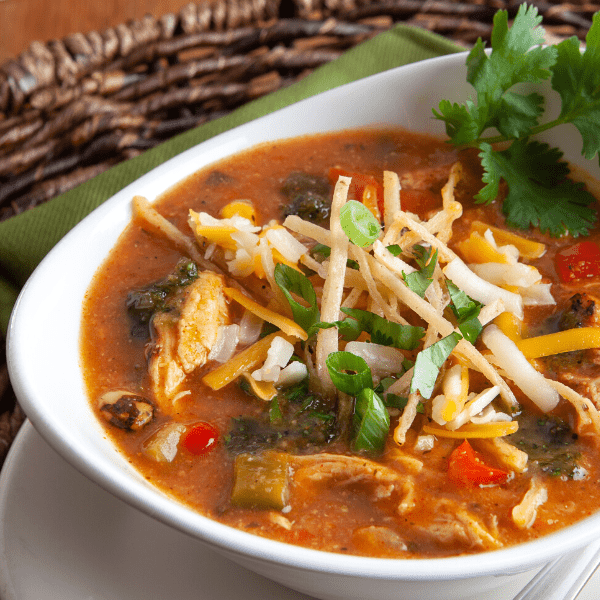 Loaded Mexican chicken soup served in a white bowl.