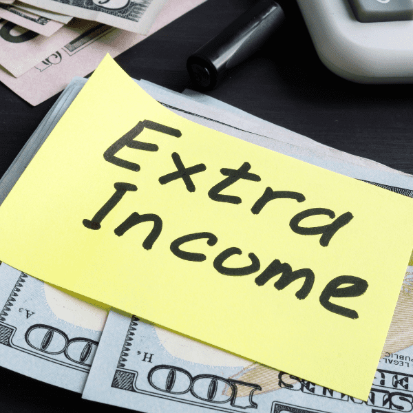 Extra income written on a piece of paper and cash.