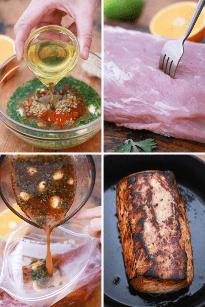 Four photos showing the steps to creating a marinade for the pork loin.