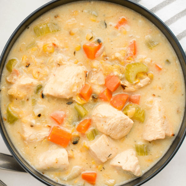 A bowl of chicken chowder.