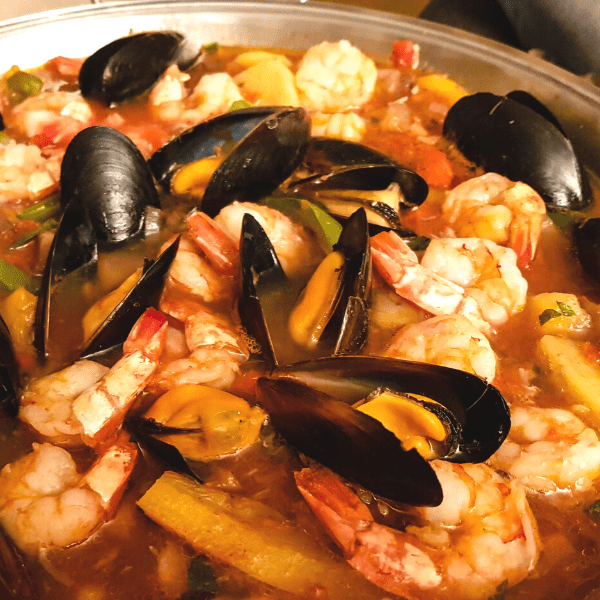 A bowl of seafood stew.
