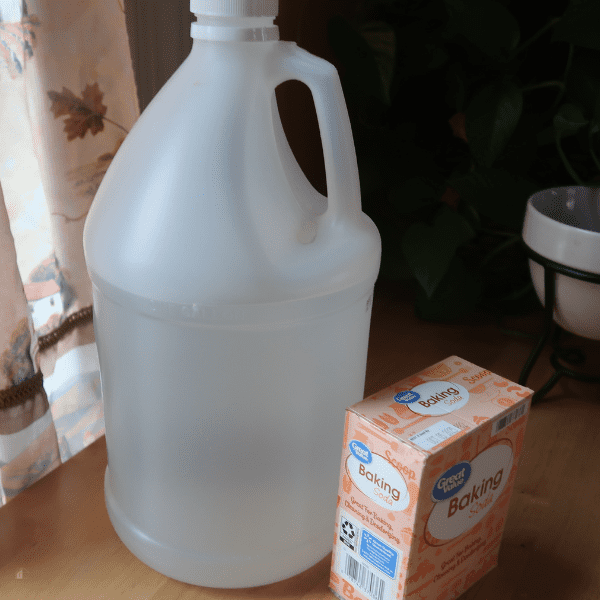 Bottle of vinegar and container of baking soda on a table.