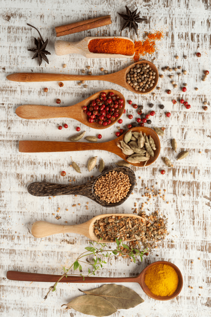 Cooking herbs and condiments assortment.