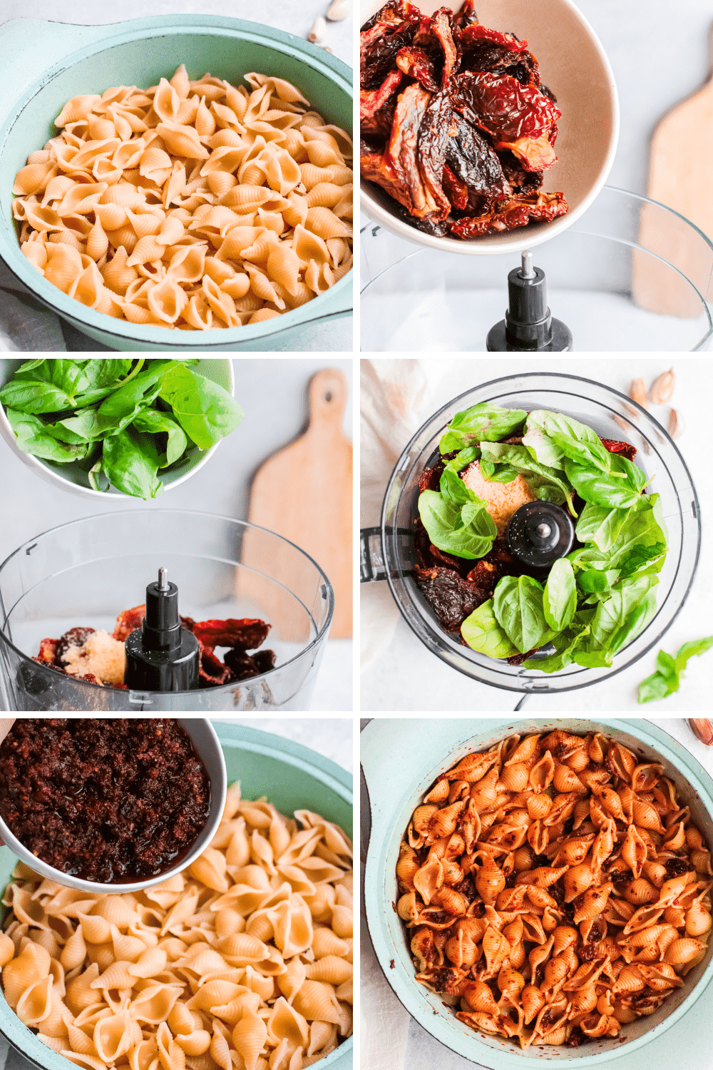 Process showing how to make sun-dried tomato pesto pasta.