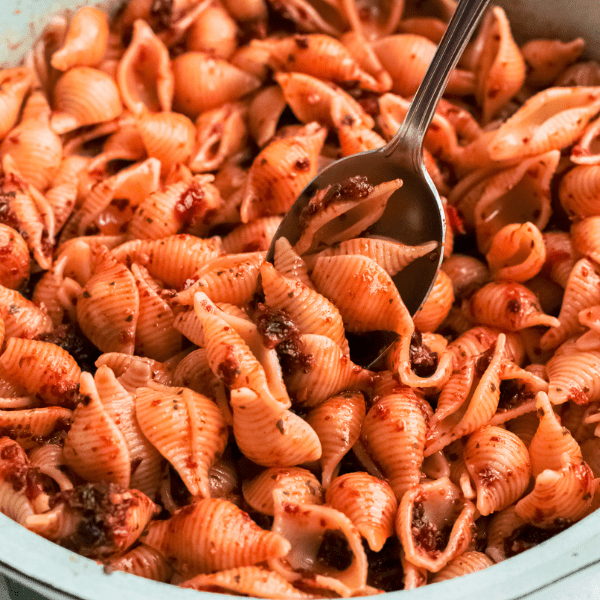 Close up of sun dried tomato pesto salad