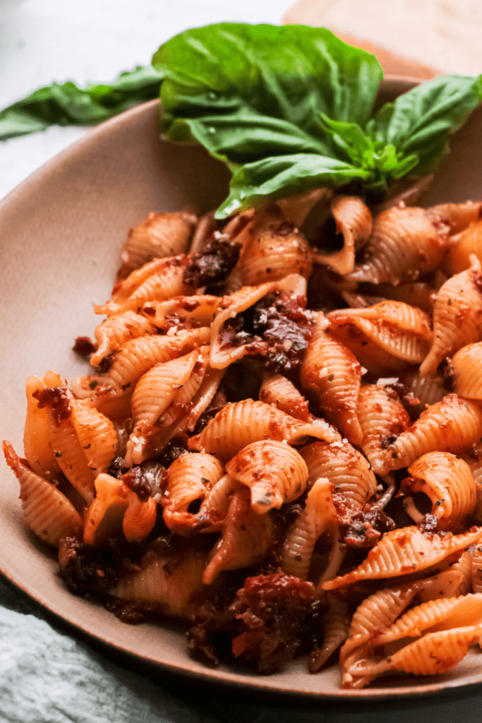 Close up of sun dried tomato pesto pasta