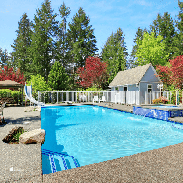 Fenced backyard with swimming pool, Jacuzzi and slide