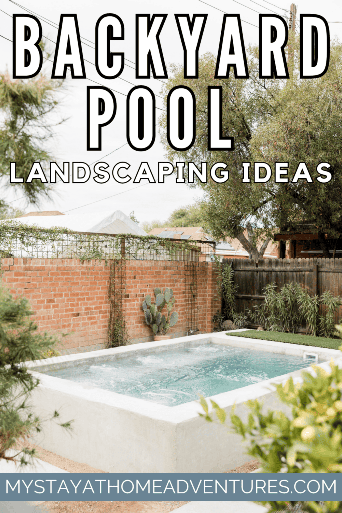 Backyard small pool surrounded with plants with text “Backyard Pool Landscaping Ideas” above