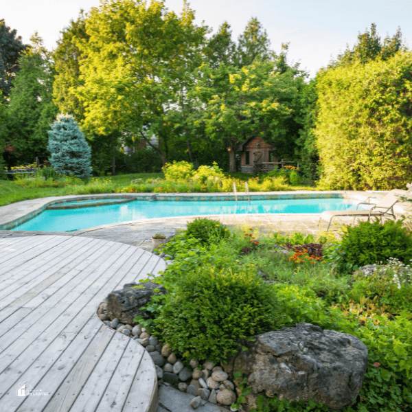 Backyard with outdoor inground private pool and stone patio and plants