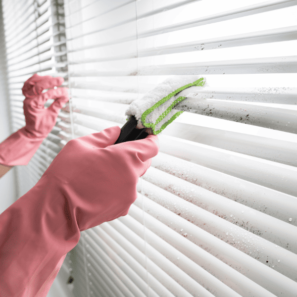 Person professionally cleaning window blinds from dirt.