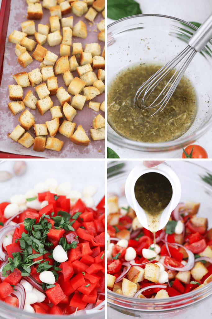 collage of four photos showing how to create panzanella salad.