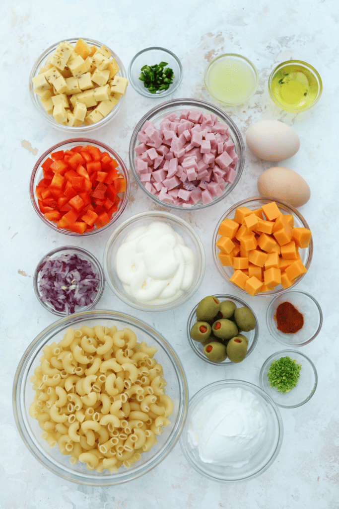 phtos of ingredients to make puerto rican macaroni salad.