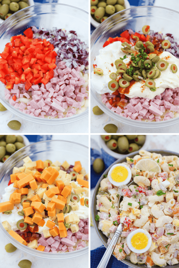 photos showing the steps to make the macaroni salad.