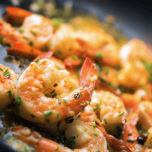 Shrimp scampi being sauted in a pan.