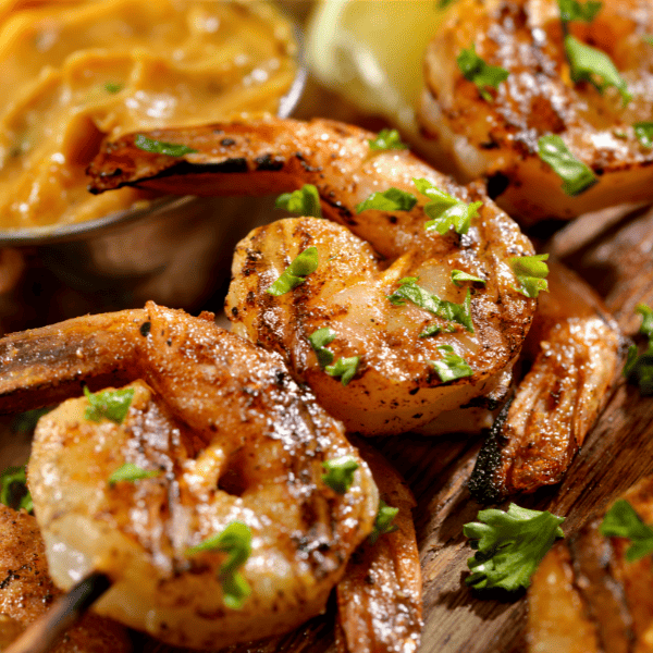 Cajun grilled shrimp with spicy mayo dipping sauce.