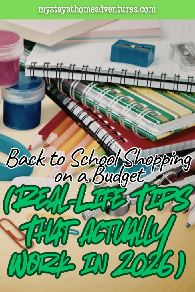 Stack of notebooks, pencils, and classroom supplies arranged together, representing organized and affordable back-to-school shopping essentials.