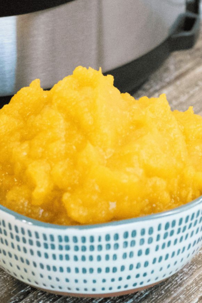 Freshly made pumpkin puree in a patterned bowl placed in front of an Instant Pot.