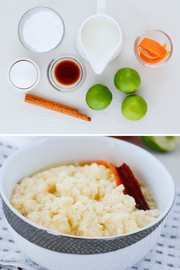 Ingredients for dulce de leche cortada with cinnamon sticks, lime, milk, vanilla, and orange peel beside a bowl of creamy Puerto Rican curdled milk dessert, also known as miguelucho.