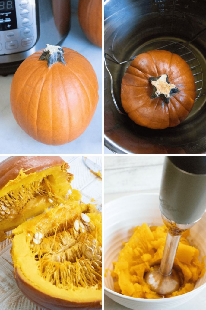 Step-by-step images showing a whole pumpkin, cooking process in the Instant Pot, scooped-out pumpkin, and blending into puree.