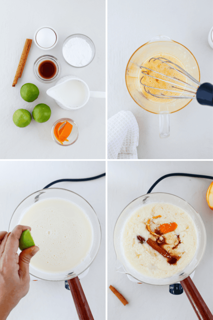 Step-by-step collage showing how to make dulce de leche cortada, including the ingredients, whisking the milk mixture, adding lime juice, and the finished Puerto Rican curdled milk dessert with cinnamon and orange peel.