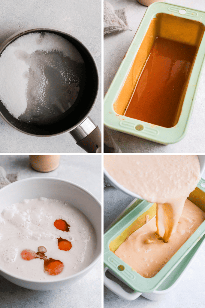 four photos showing the proccess of making coconut flan sugar in pan, caramel in bake pan, white bowl with mixture and last photo, pouring bater into the pan.