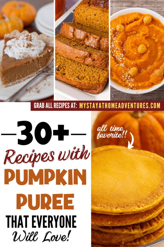 a collage image of recipes with pumpkin Puree with text "Recipes with Pumpkin Puree"