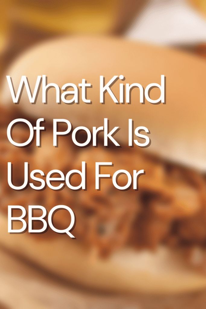 Text: What Kind Of Pork Is Used For BBQ with blur photo of a closeup BBQ pork sandwich.