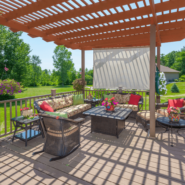 Backyard patio deck with pergola.