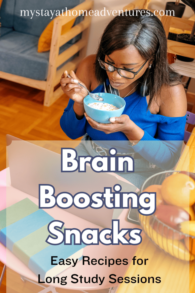 A pinterest image of a student in the background, with the text - Brain Boosting Snacks: Easy Recipes for Long Study Sessions. The site's link is also included in the image.