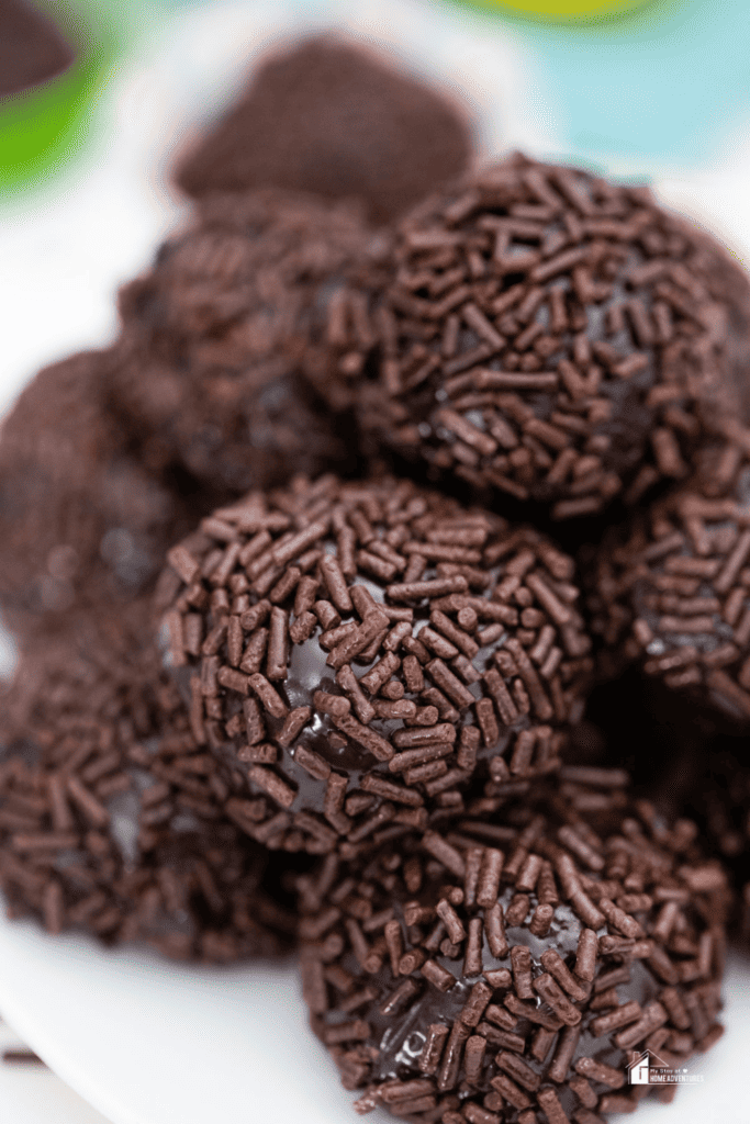 close up image of Classic Brigadeiros in a white plate