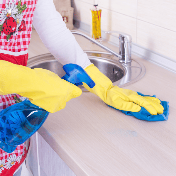 a cleaning lady holding a cloth with spray on a countertop