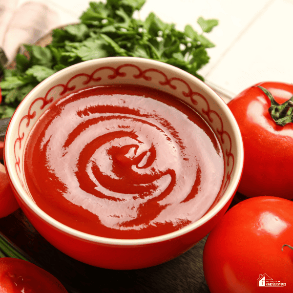 An image of classic ketchup in a bowl. Tomatoes and herbs are included in the background.