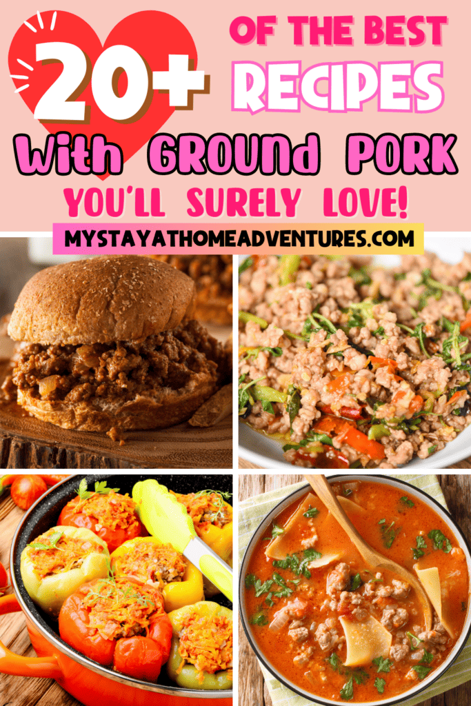A pinterest image of different ground pork recipes, with the text - 20+ of the Best Recipes with Ground Pork You'll Surely Love! The site's link is also included in the image.