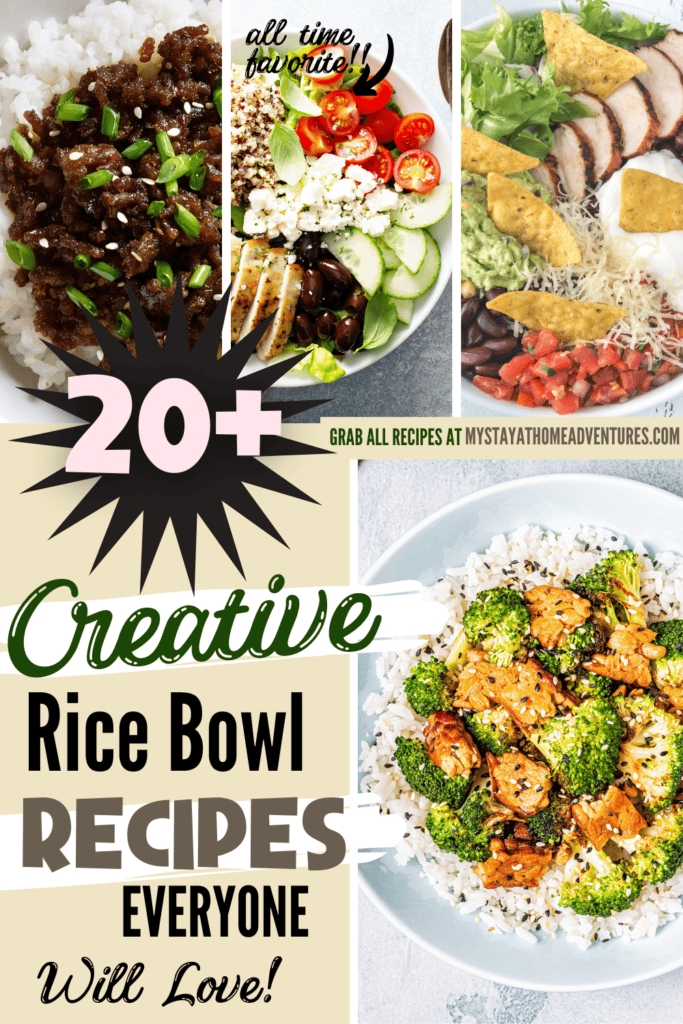 A collage image of rice bowl recipes with text beside it