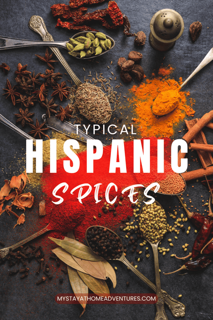 an image of different spices with text: "Typical Hispanic Spices"
