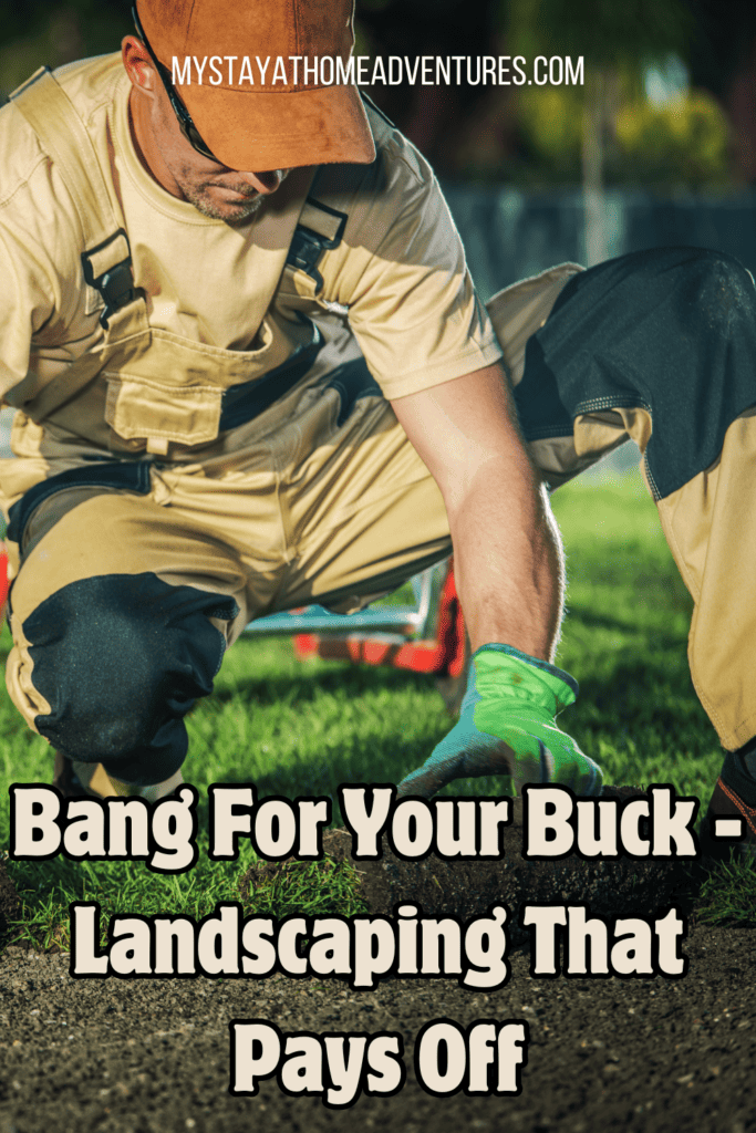 gardener installing natural grass with text: "Bang For Your Buck - Landscaping That Pays Off"