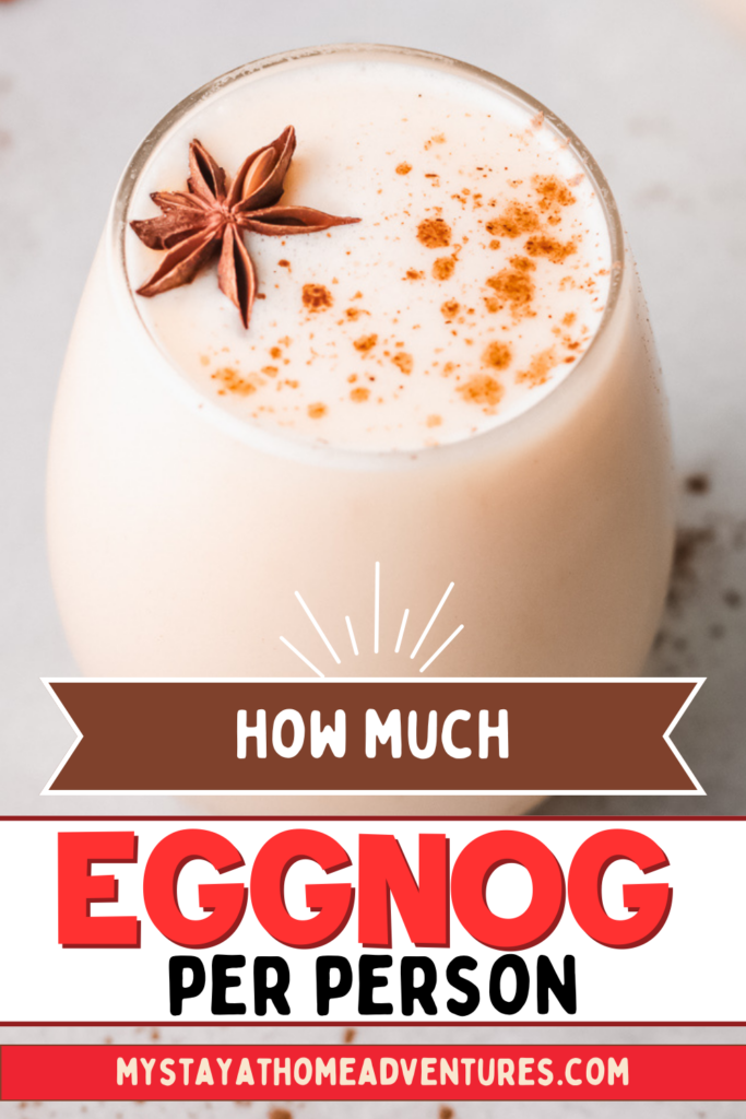 Close up of eggnog served in a glass with text How Much Eggnog Per Person