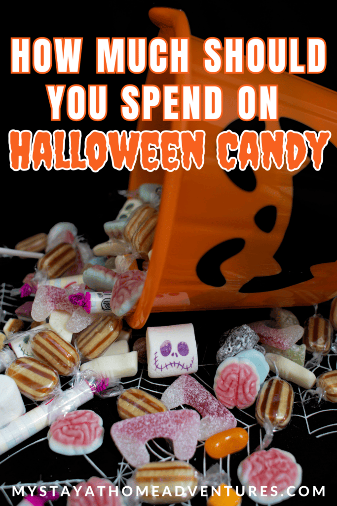 a Halloween bucket full of candies with text: "How Much Should You Spend On Halloween Candy"
