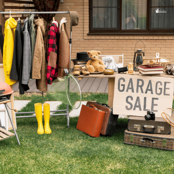garage sale in a backyard with signage