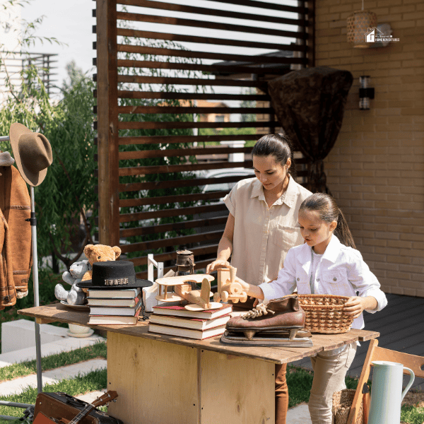 mother and daughter choosing items from a yard sale