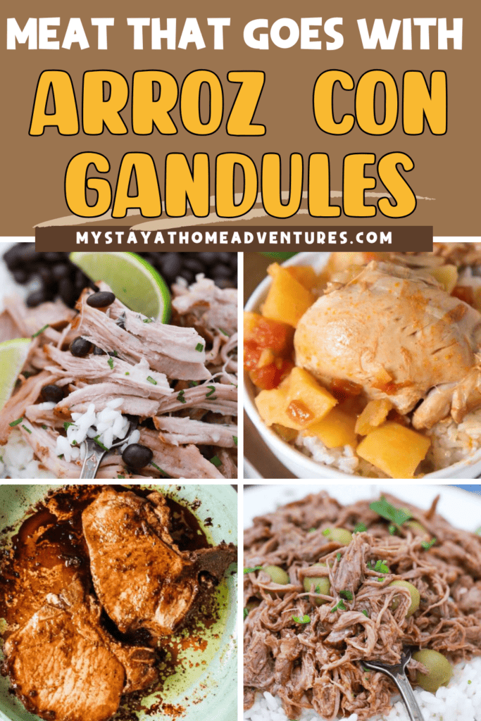a collage image of meat that goes with Arroz Con Gandules with text