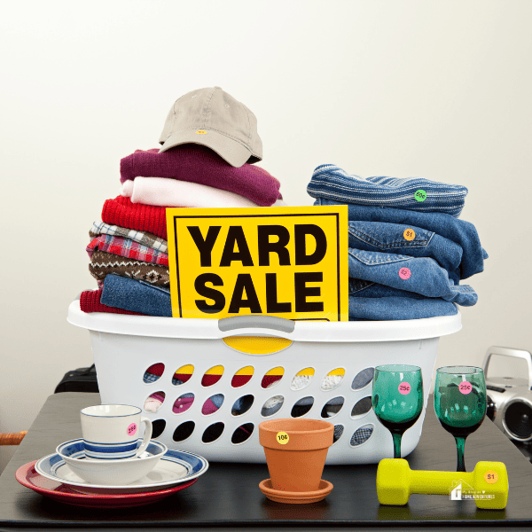 yard sale items in a basket